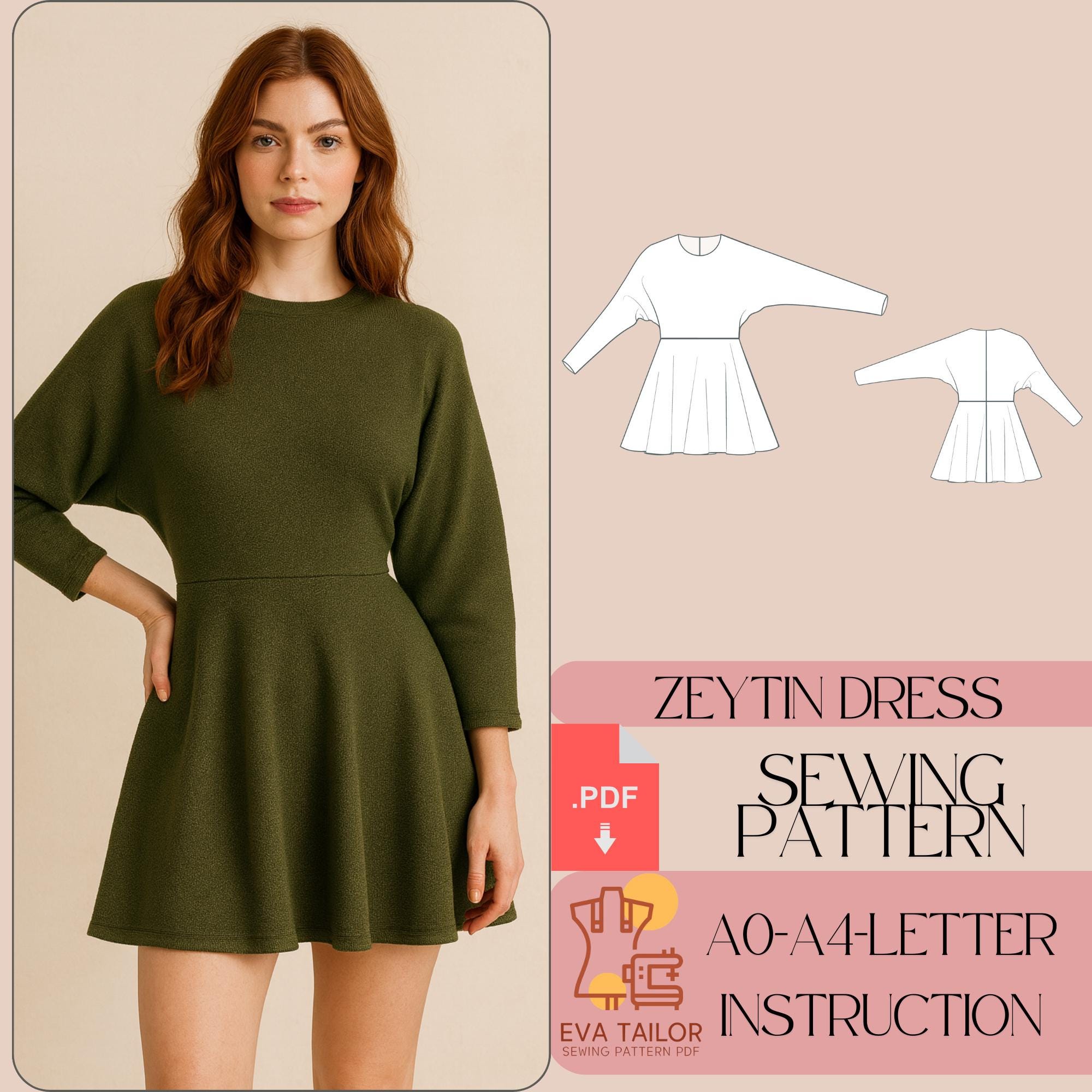 short kimono dress pattern Kimono Sleeve Mini Dress Sewing Pattern, Beginner Friendly Sewing (PDF)
