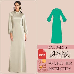 Pode incluir: Um padrão de costura para um vestido longo de pescoço alto com mangas bufantes. O padrão inclui instruções e está disponível nos tamanhos AO-A4. O padrão é para um vestido de baile.