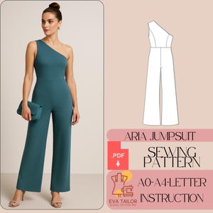 May include: A teal one-shoulder jumpsuit with wide legs and a matching clutch. The image also includes a line drawing of the jumpsuit and text that reads "ARIA JUMPSUIT SEWING PATTERN" and "AO-A4-LETTER INSTRUCTION".