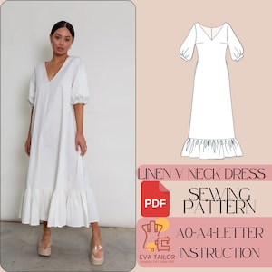 Puede incluir: Un vestido blanco de lino con cuello en V, mangas abullonadas y un dobladillo con volantes. El vestido se muestra en una modelo. La imagen también incluye una ilustración digital del vestido, el texto "LINEN V NECK DRESS", "PDF SEWING PATTERN", "AO-A4-LETTER INSTRUCTION" y "EVA TAILOR SEWING PATTERN PDF".