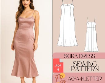 Patron Robe Sirène Midi Satin Robe Élégante Soirée Bretelles Robe PDF