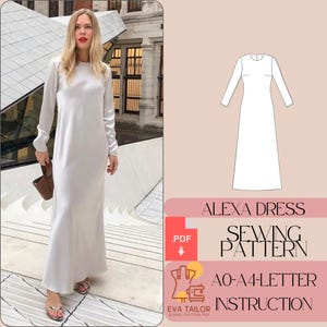 Könnte beinhalten: Ein Schnittmuster für ein weißes Maxikleid mit langen Ärmeln und einem runden Ausschnitt. Das Schnittmuster ist mit "Alexa Dress Sewing Pattern" beschriftet und enthält Anweisungen für die Größen AO-A4. Das Schnittmuster ist als PDF-Download verfügbar.