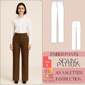 Op de afbeelding: Een naaipatroon voor Ember Pants, een broek met hoge taille en wijde pijpen. Het patroon bevat instructies voor maten AO-A4 en is beschikbaar als PDF-download. De afbeelding toont een vrouw die een bruine broek en een wit shirt draagt.