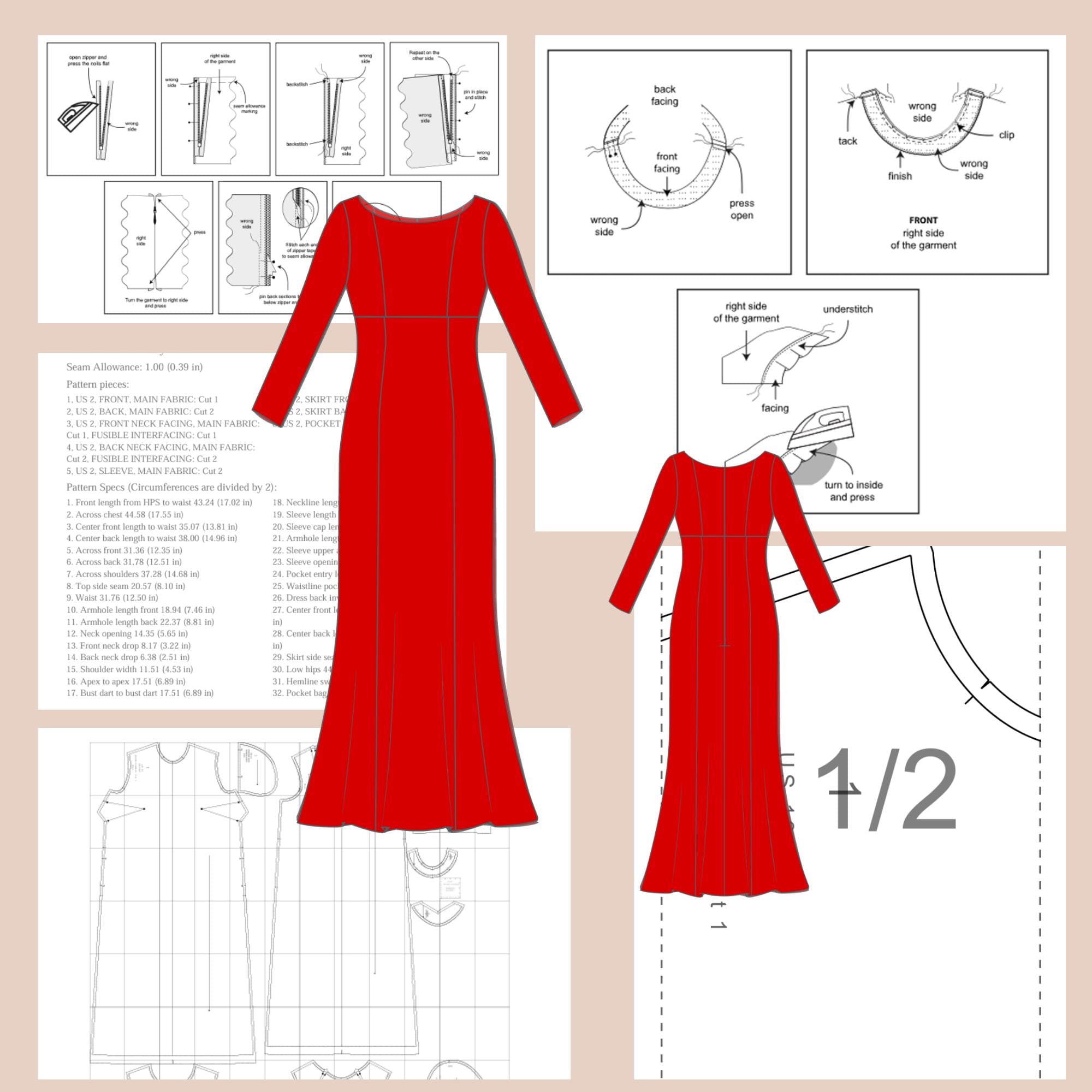 long sleeve evening dress pattern Long Dress Sewing Pattern, Flared Sleeve Dress Pattern XS - 4XL, Formal  Dress Pattern Plus Size Dress, Beginner Friendly Sewing Patterns PDF