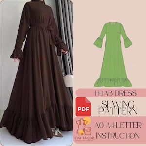 May include: A sewing pattern for a hijab dress with a ruffled hem. The pattern includes instructions and is available in PDF format. The text on the pattern reads "HIJAB DRESS SEWING PATTERN AO-A4-LETTER INSTRUCTION EVA TAILOR SEWING PATTERN POF".