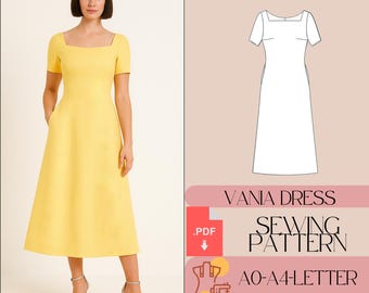 Patrón de vestido midi de corte A con escote cuadrado (patrón PDF)