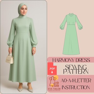 May include: A sewing pattern for a green Harmony Dress with puff sleeves. The pattern includes instructions and is available in sizes AO-A4. The pattern is for a dress with a high neck and a fitted bodice.