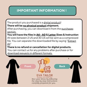 May include: A digital sewing pattern for a dress with long sleeves and a gathered skirt. The pattern includes instructions for sewing the dress in sizes 2 US to 30 US. The pattern is available in A4, A0, and Letter sizes.