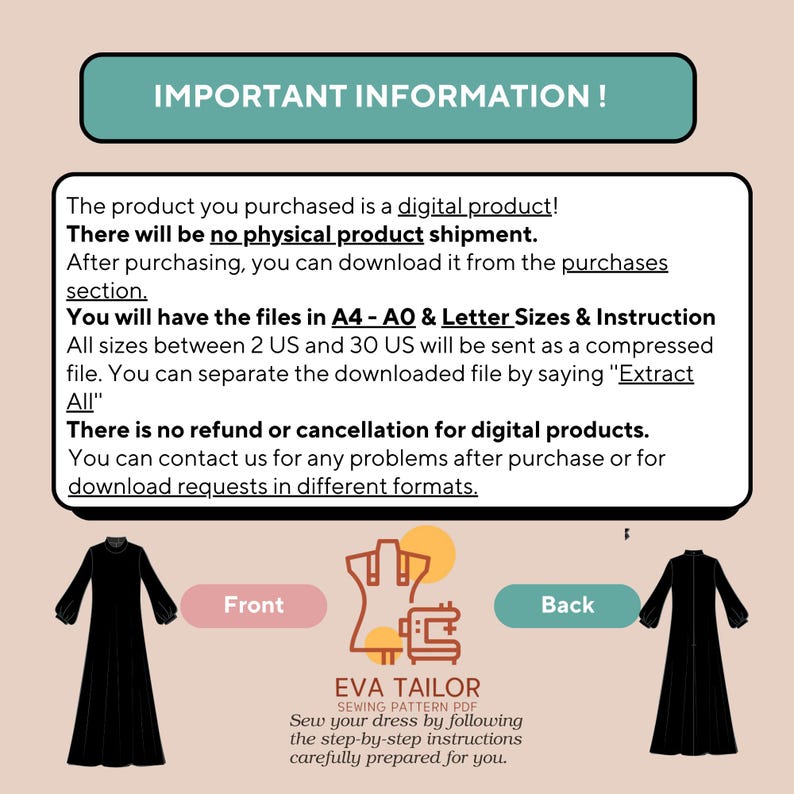 May include: A digital sewing pattern for a dress with long sleeves and a gathered skirt. The pattern includes instructions for sewing the dress in sizes 2 US to 30 US. The pattern is available in A4, A0, and Letter sizes.