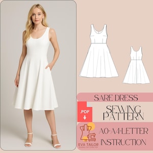 May include: A white sleeveless dress with a scoop neckline and pockets. The dress is knee-length and has a flared skirt. The image also includes a sewing pattern diagram and the text "SARE DRESS SEWING PATTERN".
