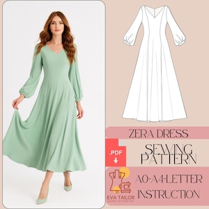 May include: A mint green dress with a V-neck and long, puffy sleeves. The dress has a flowing skirt and is shown on a model. A sewing pattern diagram and text that reads "ZERA DRESS SEWING PATTERN" are also included.