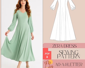 Long Evening Dress Sewing Pattern: Ball Gown, Maxi Cottagecore (PDF)