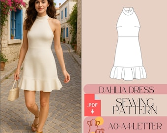 Halter Neck Mini Summer Dress Sewing Pattern Linen Dress Pattern Casual Dresses