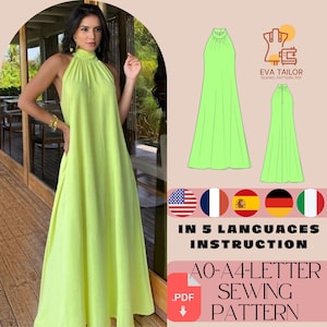 Op de afbeelding: Een vrouw draagt een neon groene halter maxi-jurk. De afbeelding bevat een naaipatroon diagram en tekst die luidt "EVA TAILOR SEWING PATTERN PDF" en "IN 5 LANGUAGES INSTRUCTION". Het patroon is beschikbaar in PDF-formaat.