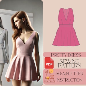 Könnte beinhalten: Ein rosa, ärmelloses Kleid-Schnittmuster mit V-Ausschnitt und ausgestelltem Rock. Das Schnittmuster enthält Anweisungen für die Größen AO-A4. Der Text "PRETTY DRESS SEWING PATTERN" wird in einem weißen Kasten mit rotem Rand angezeigt. Der Text "AO-A4 LETTER INSTRUCTION" wird in einem weißen Kasten mit gelbem Rand angezeigt. Der Text "EVA TAILOR SEWING PATTERN PDF" wird in einem weißen Kasten mit gelbem Rand angezeigt.