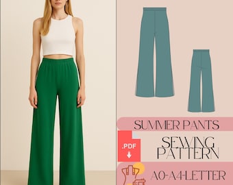 Patrón de costura digital para pantalones de lino de cintura alta y pierna ancha con cintura elástica para verano