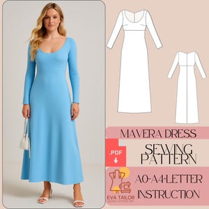 May include: A woman wearing a long-sleeved, light blue dress with a scoop neckline. The image also shows a sewing pattern diagram of the dress. Text on the image reads "MAVERA DRESS SEWING PATTERN" and "AO-A4-LETTER INSTRUCTION".