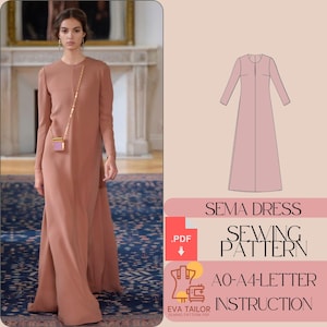 Puede incluir: Un patrón de costura para un vestido largo y sencillo llamado "Sema Dress". El patrón incluye instrucciones para las tallas AO-A4 y está disponible para descargar en PDF. El patrón está ilustrado con un dibujo de línea del vestido.