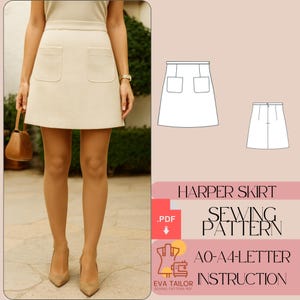 May include: A beige mini skirt with two front pockets. The skirt is paired with matching heels. The image also includes a sewing pattern with the text "HARPER SKIRT SEWING PATTERN A0-A4-LETTER INSTRUCTION".