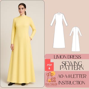 May include: A woman wearing a long, pale yellow dress with long sleeves and a high neckline. The image also shows a sewing pattern diagram and the text "LIMON DRESS SEWING PATTERN". The pattern includes A0-A4-Letter instructions.