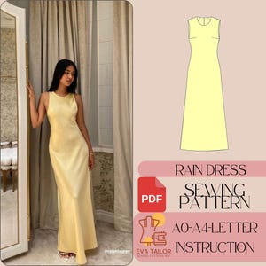 Puede incluir: Un patrón de costura para un vestido maxi sin mangas, llamado "Rain Dress". El patrón incluye instrucciones y está disponible para descargar en PDF. El patrón es para las tallas AO-A4.
