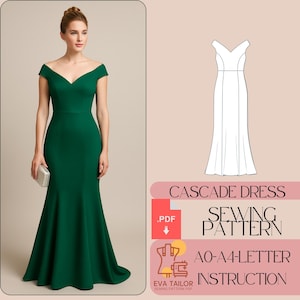 Puede incluir: Un vestido de noche verde oscuro, con hombros descubiertos y silueta de sirena. El vestido presenta un escote en V y un corpiño ajustado que se ensancha por debajo de las rodillas. Se sostiene un clutch plateado. La imagen también incluye un diagrama de patrón de costura y el texto "CASCADE DRESS SEWING PATTERN".