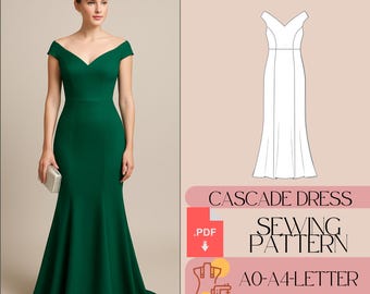 Off Shoulder Mermaid Dress Sewing Pattern Long Evening Dress Elegant Bridal  Dress Pattern Wedding Guest Dress