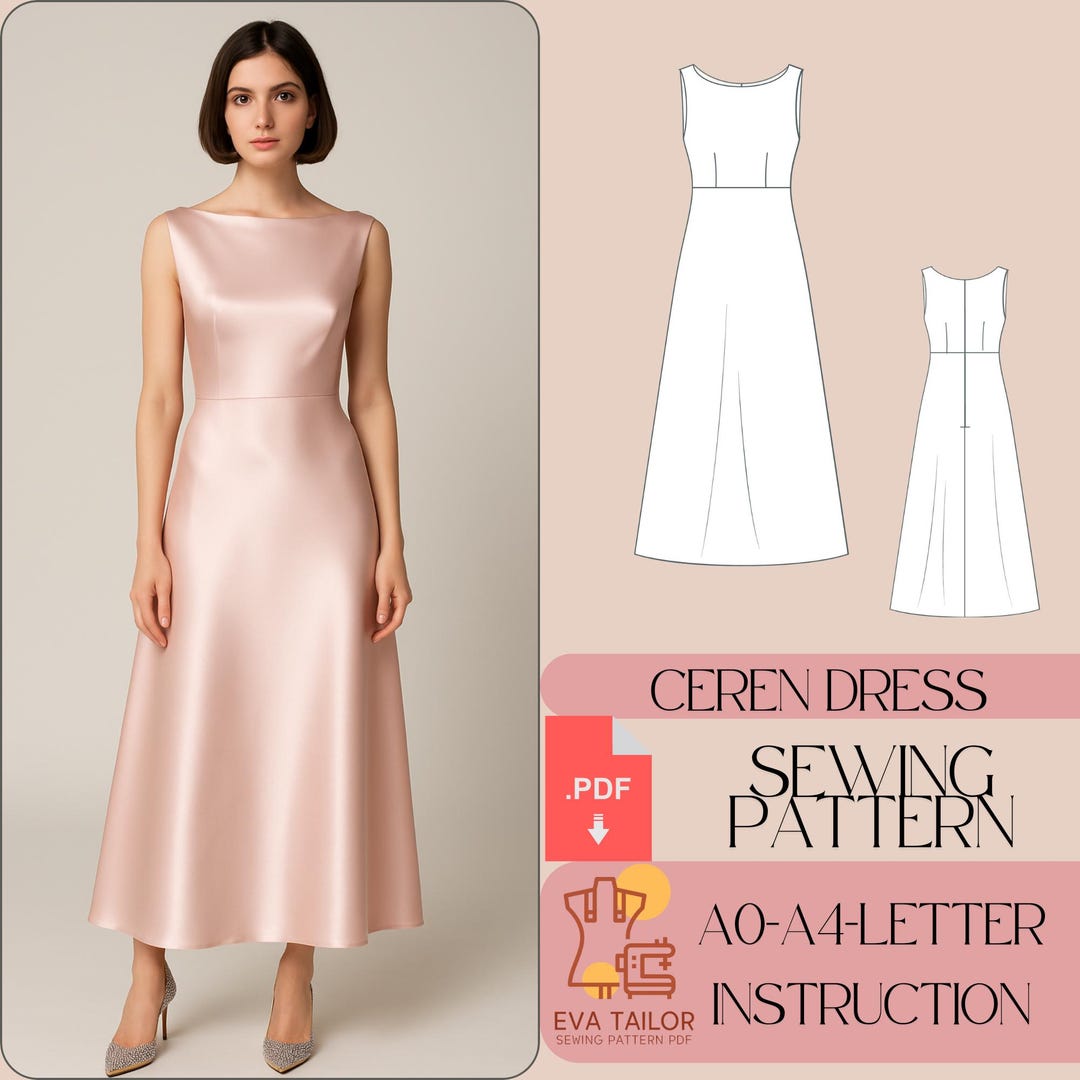 Satin A-line Cocktail Dress Sewing Pattern (PDF)