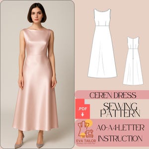 Boat Neck Evening Dress Sewing Pattern Satin Dress Pattern A Line Cocktail Dress Easy Sewing Pattern
