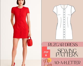 Peut inclure: Une femme porte une robe rouge boutonnée à manches courtes, avec des poches, des talons et un sac à main rouges assortis. L'image comprend un patron de couture et le texte "Ruzgar Dress Sewing Pattern".