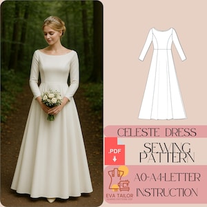 Könnte beinhalten: Ein weißes Brautkleid mit langen Ärmeln und einem taillierten Oberteil. Der Rock ist voll und fließend. Das Kleid wird auf einem Model in einer Waldkulisse gezeigt. Das Bild enthält auch ein Schnittmuster für das Kleid, mit dem Text "Celeste Dress Sewing Pattern AO-A4-Letter Instruction".