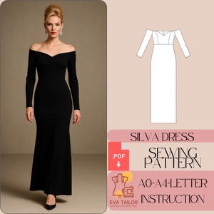 Puede incluir: Un vestido negro de maxi largo con hombros descubiertos, mangas largas y un corpiño ajustado. El vestido tiene un escote de corazón y una falda fluida. La imagen también incluye un dibujo de línea del vestido y texto que dice "SILVA DRESS SEWING PATTERN AO-A4-LETTER INSTRUCTION EVA TAILOR SEWING PATTERN PDF".