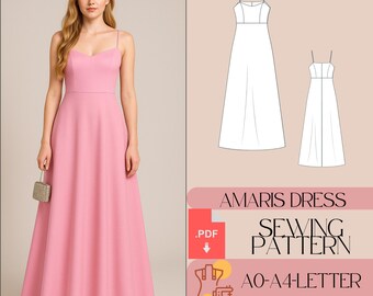 マキシイブニングドレス型紙 PDF, Ball Gown, Easy Sewing Pattern, 初心者向け, プロムドレス, 即時ダウンロード