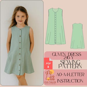 Puede incluir: Una niña lleva un vestido verde claro con botones y bolsillos. La imagen también muestra un patrón de costura para un vestido Guven, tallas 2-16 años, con instrucciones. El patrón está disponible en formato PDF.