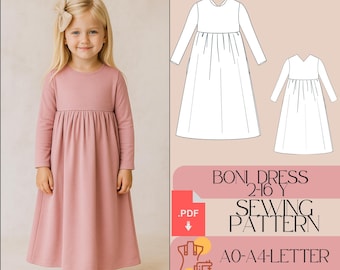 May include: A young girl wearing a long-sleeved, dusty rose dress. The dress has a gathered waist and a flowing skirt. The image also includes a sewing pattern with the text "BONI DRESS 2-16 Y SEWING PATTERN" and instructions.
