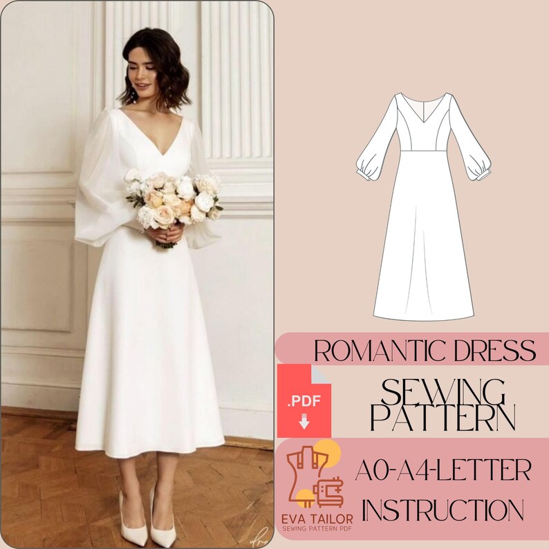 Puede incluir: Un patr&oacute;n de costura para un vestido rom&aacute;ntico blanco con escote en V y mangas largas. El patr&oacute;n incluye instrucciones para las tallas AO-A4-LETTER.  .PDF