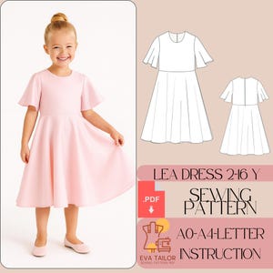 May include: A young girl wearing a light pink dress with short, flared sleeves and a full skirt. The dress is paired with matching shoes. The image also includes a sewing pattern diagram and text that reads "LEA DRESS 2-16 Y SEWING PATTERN".