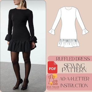 May include: A black long-sleeve dress with ruffled cuffs and a ruffled skirt. The dress is paired with black tights and heels. A sewing pattern diagram is shown with the text "RUFFLED DRESS SEWING PATTERN" and "PDF".