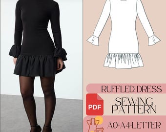 May include: A black long-sleeve dress with ruffled cuffs and a ruffled skirt. The dress is paired with black tights and heels. A sewing pattern diagram is shown with the text "RUFFLED DRESS SEWING PATTERN" and "PDF".