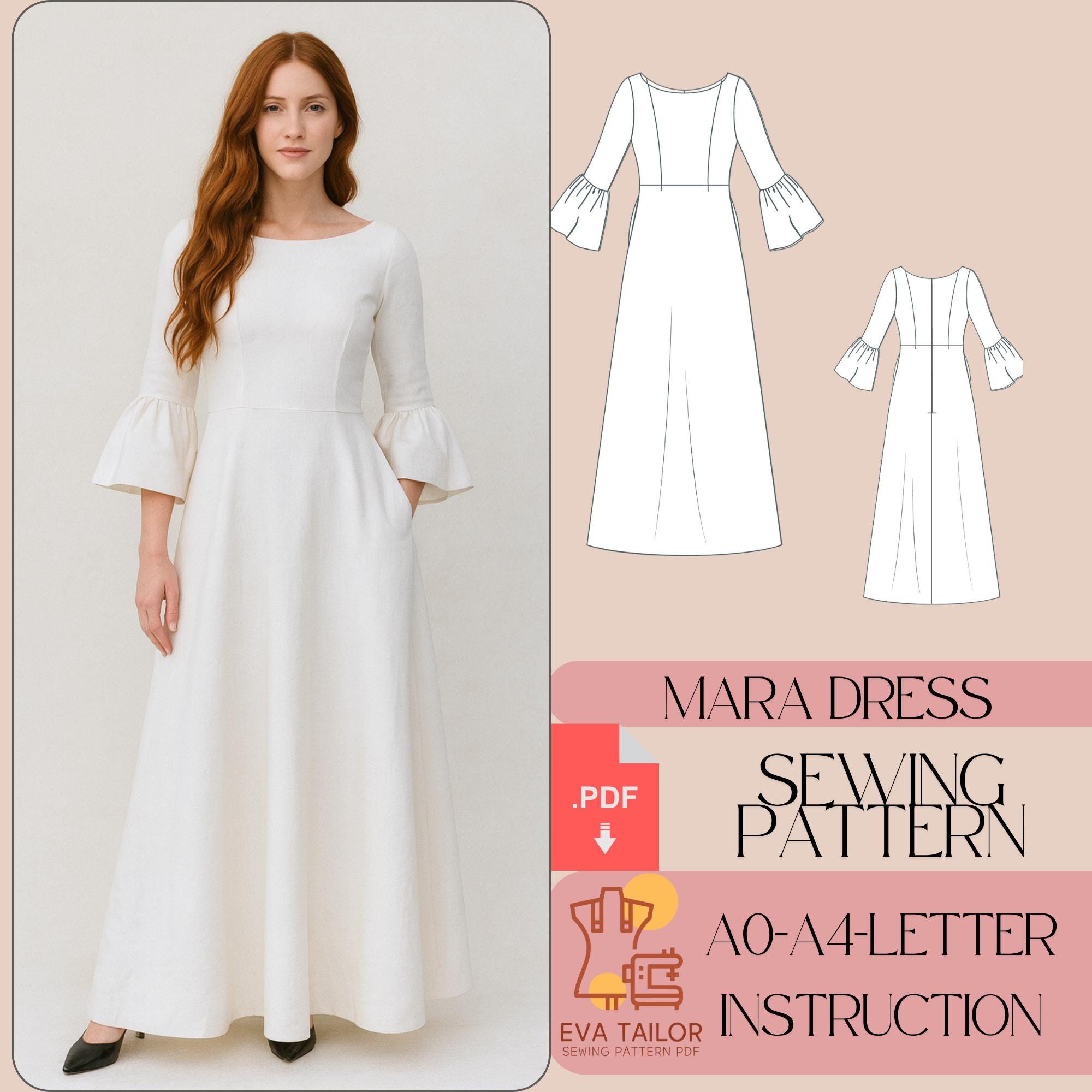 A-line Evening Dress Sewing Pattern, Flared Sleeve (PDF Pattern) - Etsy