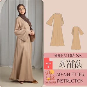 Könnte beinhalten: Ein Schnittmuster für ein A-Linien-Kleid mit langen Glockenärmeln. Das Schnittmuster enthält Anweisungen für die Größen AO-A4. Das Schnittmuster heißt "Areem Dress" und ist als PDF-Download erhältlich.