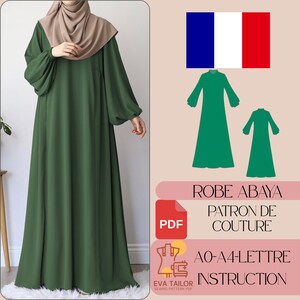 Könnte beinhalten: Ein olivgrünes Abaya-Kleid mit langen Ärmeln und einer fließenden Silhouette. Das Bild enthält eine Abbildung des Kleides und den Text "ROBE ABAYA PATRON DE COUTURE AO-A4-LETTRE INSTRUCTION EVA TAILOR SEWING PATTERN PDF". Ein beiger Hijab wird getragen.