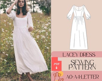 May include: A sewing pattern for a white lacey dress with puff sleeves. The pattern includes instructions for sizes AO-A4-letter. The pattern is available as a PDF download.