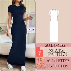 Op de afbeelding: Een naaipatroon voor een eenvoudige, lange, aansluitende jurk. Het patroon is gemarkeerd met "SUUD DRESS SEWING PATTERN AO-A4-LETTER INSTRUCTION".