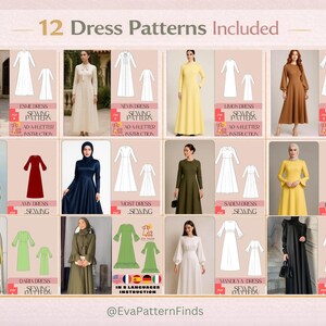 May include: An image displaying 12 dressmaking patterns. Each pattern is shown with a photograph of a dress and a line drawing. The text "12 Dress Patterns Included" is at the top of the image.