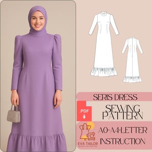 May include: A sewing pattern for a dress with a ruffled hem and puff sleeves. The pattern includes instructions for sizes AO-A4. The pattern is available as a PDF download.