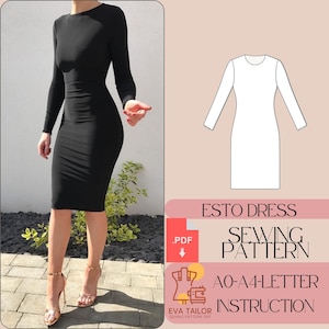 Puede incluir: Un vestido negro de manga larga con cuello redondo. El vestido es ajustado y tiene una longitud midi. La imagen también incluye un dibujo de línea del vestido y texto que dice "Esto Dress Sewing Pattern AO-A4-Letter Instruction Eva Tailor Sewing Pattern PDF".