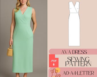 Könnte beinhalten: Ein ärmelloses, mintgrünes Kleid mit V-Ausschnitt und Taschen. Das Kleid wird mit beigen Ballerinas und einer kleinen Korbtasche kombiniert. Ein Schnittmusterdiagramm und der Text "AVA DRESS SEWING PATTERN" sind ebenfalls sichtbar.