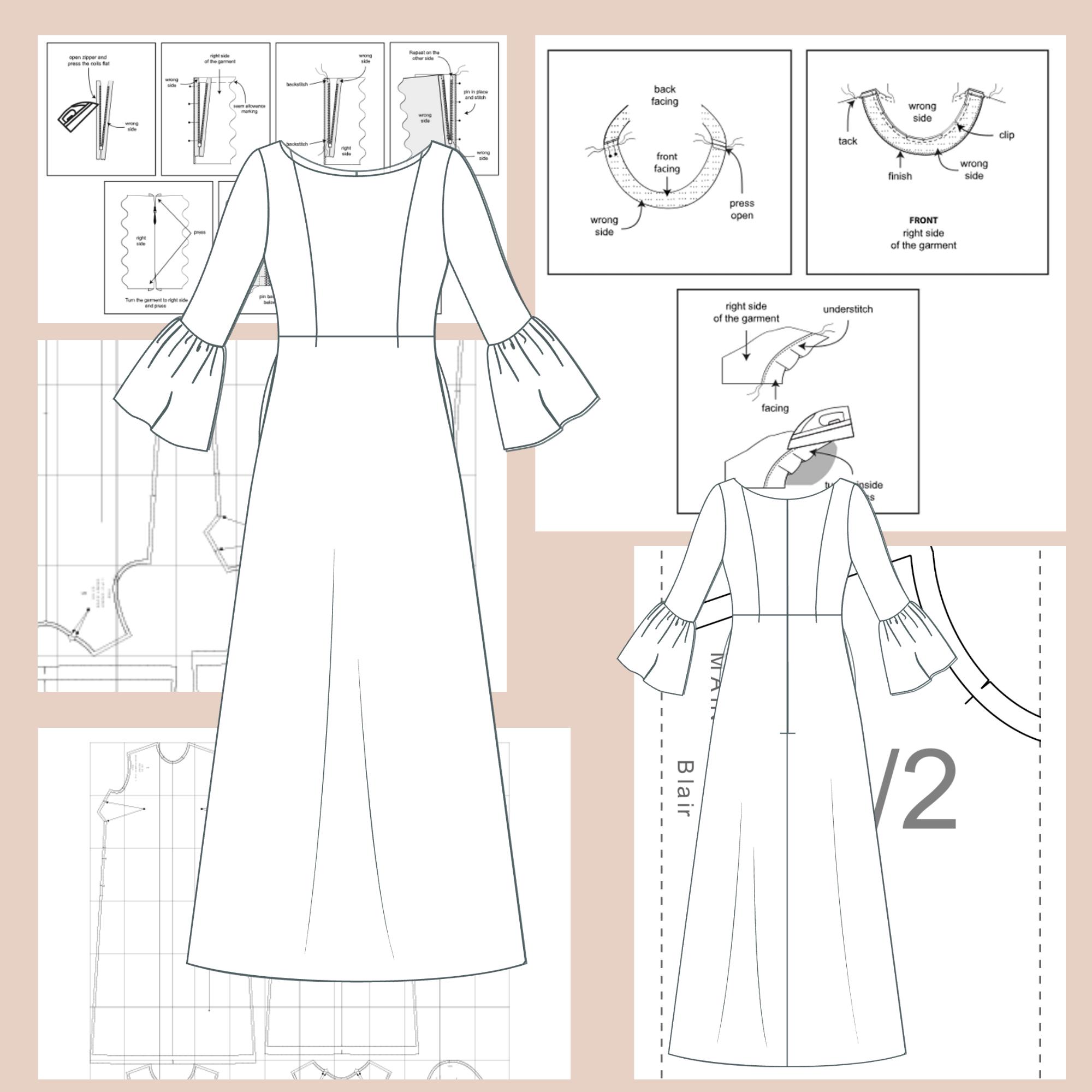 A-line Evening Dress Sewing Pattern, Flared Sleeve (PDF Pattern) - Etsy A-line Evening Dress Sewing Pattern, Flared Sleeve (PDF Pattern) - Etsy