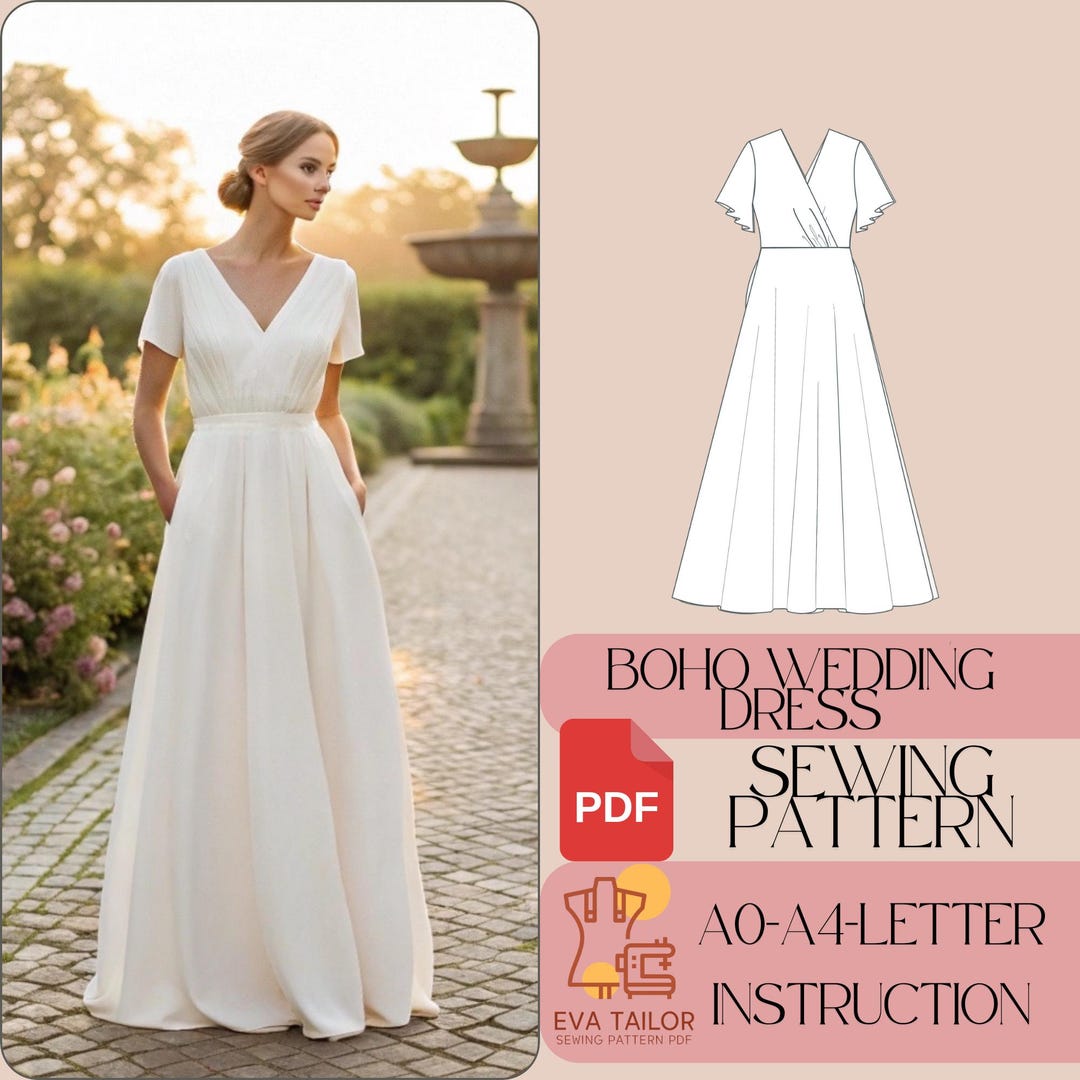 Short Sleeve V Neck Boho Wedding Dress Sewing Pattern, Bridal Dress ...